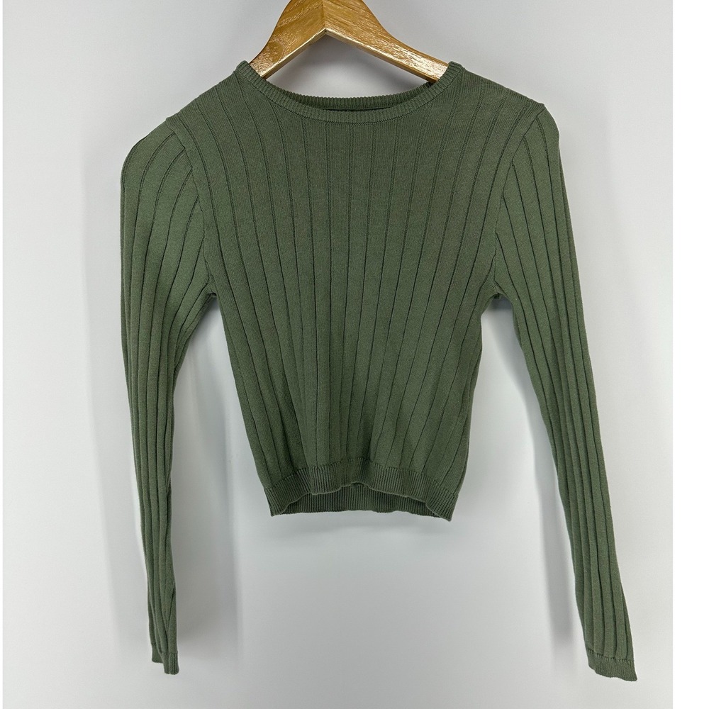 Rolla's‎ Ribbed Knit Top Women XS Green Long Sleeve Cropped Crew Neck Slim Fit